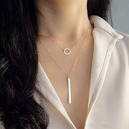 Silver Layered Chain Bar Pendant Necklace for Girls & Women